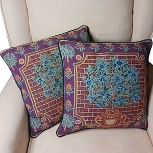 Floral Tapestry Throw Pillow Cover Set, Purple and Green. Green Velvet Back.